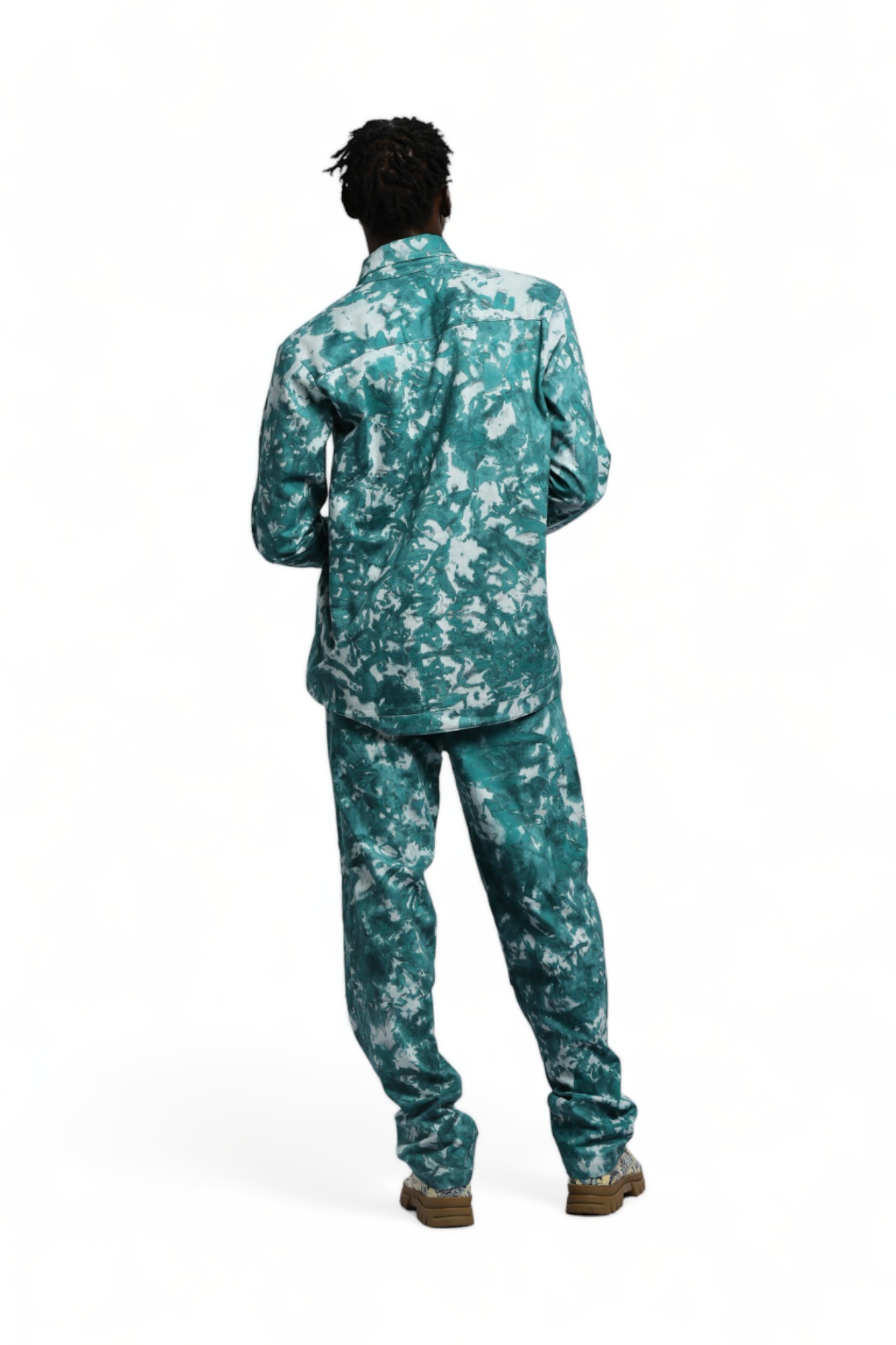 Men’s teal and white tie-dye Kolo Shacket with matching utility trousers.
