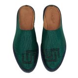 Top view of Bata Mules in teal green textile featuring a black embroidered graphic logo on the toe