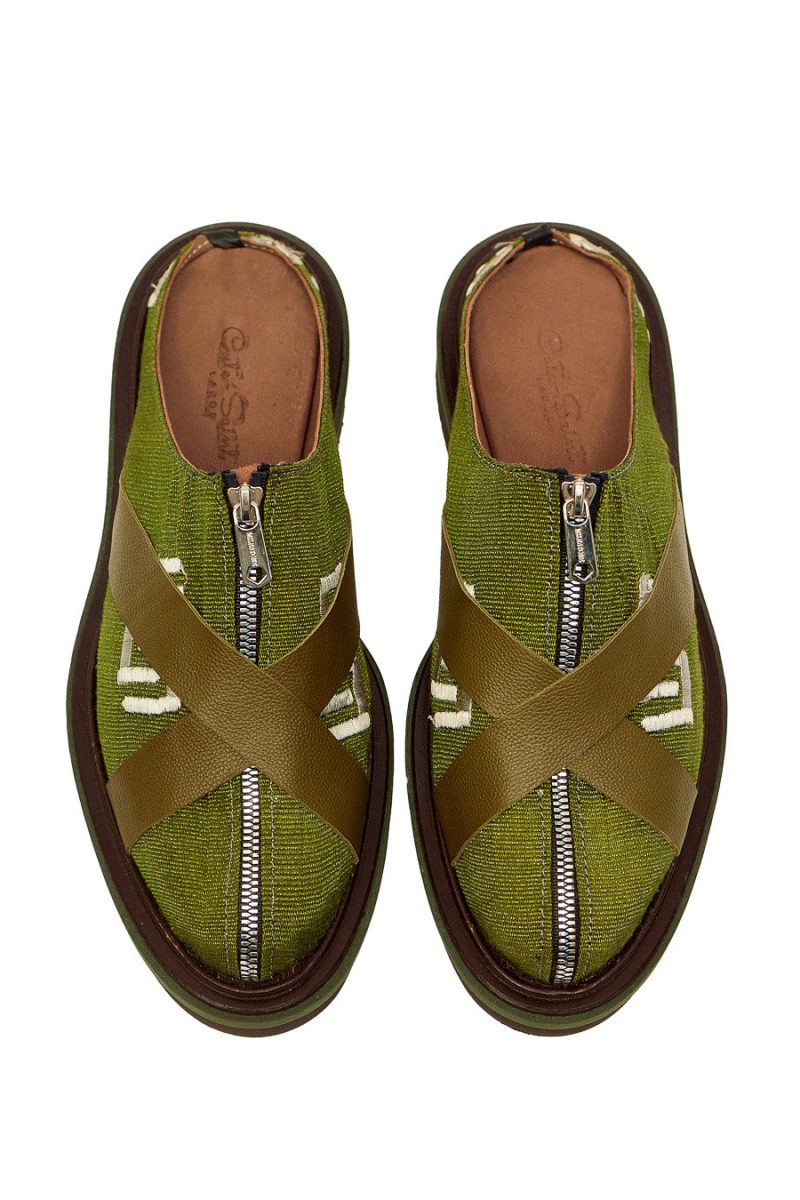 top view of Bata X-Mules in olive green textile with crossed moss